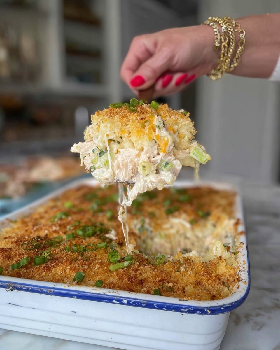 A close-up image of a baked casserole being lifted with a serving spoon by a woman's hand wearing a bracelet with charms. The casserole has two main layers: the top layer is a golden brown crispy crumb topping with scattered pieces of chopped green onions, and underneath it is a creamy white baked mixture with visible small green herbs and melted cheese strands stretching from the pan. The casserole dish is white with a blue edge and scalloped shape. The background is a softly blurred kitchen with white marbled texture surface beneath the dish. photo taken with an iphone --ar 4:5 --v 7