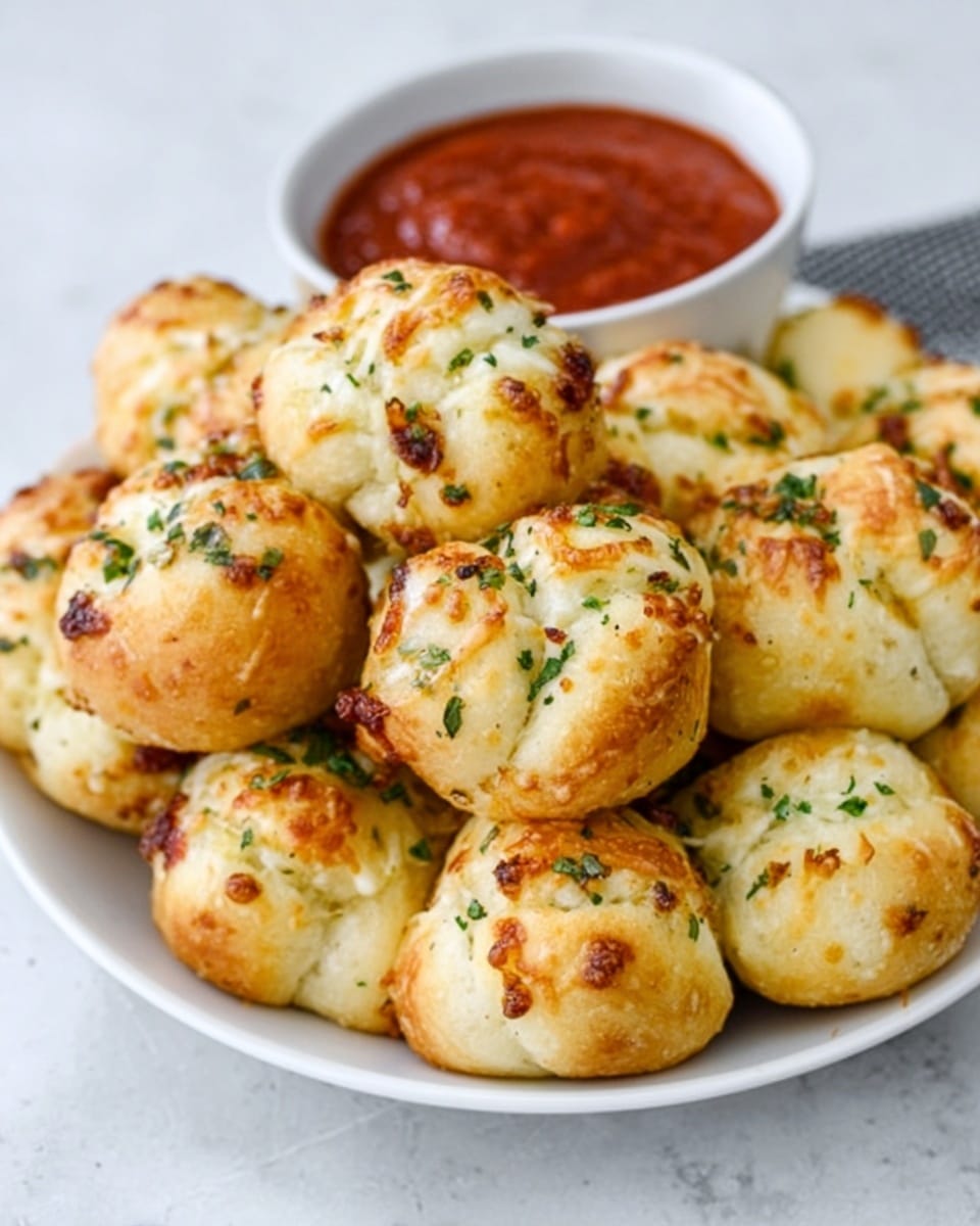 A white round plate filled with small, golden-brown garlic knots that are soft and slightly shiny, showing some melted cheese and sprinkled chopped green herbs on top. Each knot is textured with light browning, and there is a small white bowl with chunky red marinara sauce placed at the top right of the plate. The plate sits on a white marbled surface, giving a clean and bright look. A woman's hand is gently holding one of the garlic knots near the bottom center of the image photo taken with an iphone --ar 4:5 --v 7