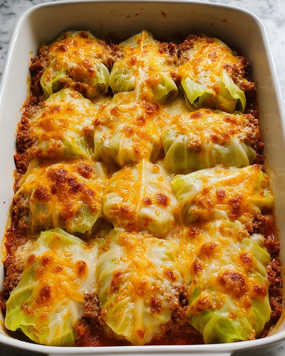 A white rectangular baking dish filled with multiple cabbage rolls arranged in rows, each roll tightly wrapped with pale green cabbage leaves. The rolls are filled with a crumbly brown meat mixture visible at the sides. The cabbage rolls are topped with a layer of golden-orange melted cheese that has slightly browned, creating a bubbly and crispy texture on top. The dish sits on a white marbled surface. photo taken with an iphone --ar 4:5 --v 7