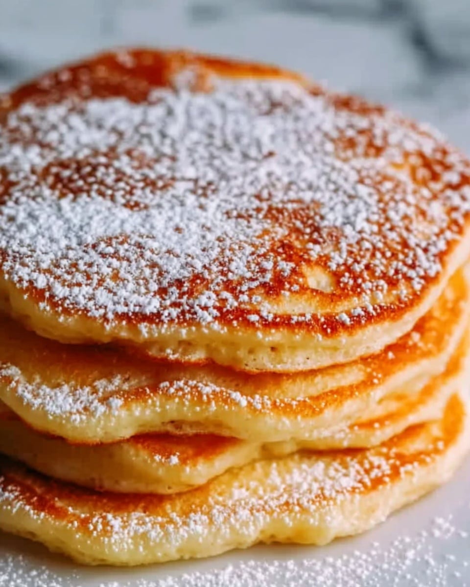 The image shows a close-up of several golden-brown pancakes stacked together. Each pancake has a light, fluffy texture with a slightly crispy edge and a soft, airy interior. The top pancake is dusted evenly with powdered sugar, creating a white, powdery layer that contrasts with the warm brown surface. The stack of pancakes rests on a white marbled surface, and the background is softly blurred to keep focus on the texture and color of the pancakes. Photo taken with an iphone --ar 4:5 --v 7