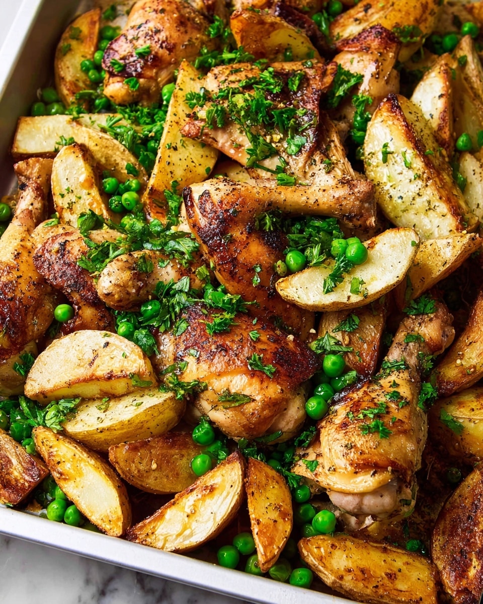 The image shows a close-up of a cooking pan filled with roasted chicken pieces and golden potato wedges mixed with bright green peas. The chicken skin is crispy and browned with visible seasoning of black herbs and pepper. The potato wedges are thick, with a slightly crispy edge and tender inside, seasoned with green herbs scattered on top. The peas add a pop of fresh green color and some small garlic cloves can be seen among the ingredients, all coated in a light sauce that gives a glossy texture. The pan is white with a silver rim placed on a white marbled surface. photo taken with an iphone --ar 4:5 --v 7