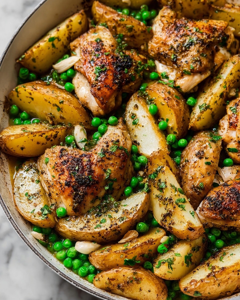 A close-up of a dish with many pieces of golden-brown roasted chicken and crispy potato wedges mixed together, scattered with bright green peas and fresh chopped parsley. The chicken pieces have a browned, slightly crispy skin texture, while the potato wedges show a crunchy, golden surface with some darker edges. The green peas add a pop of color and small, smooth round shapes throughout. The dish is arranged in a white tray sitting on a white marbled textured surface. photo taken with an iphone --ar 4:5 --v 7