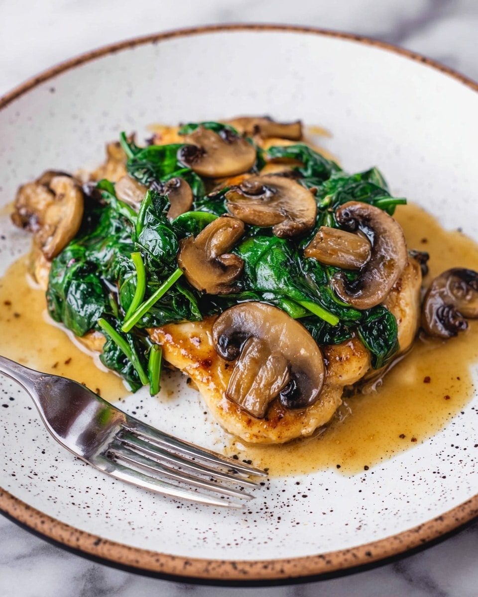 A white plate holds a dish with two main layers: the base layer is golden-brown ravioli that looks soft and slightly glossy from sauce, and on top is a mix of sautéed vegetables including bright green spinach leaves and shiny, cooked light brown mushroom slices. The mushrooms are sliced and spread evenly over the ravioli, sharing the plate with fresh spinach stems and leaves in a rich, light brown sauce that adds shine and moisture. A fork rests on the right side of the plate, slightly touching the food. The plate sits on a white marbled surface. photo taken with an iphone --ar 4:5 --v 7
