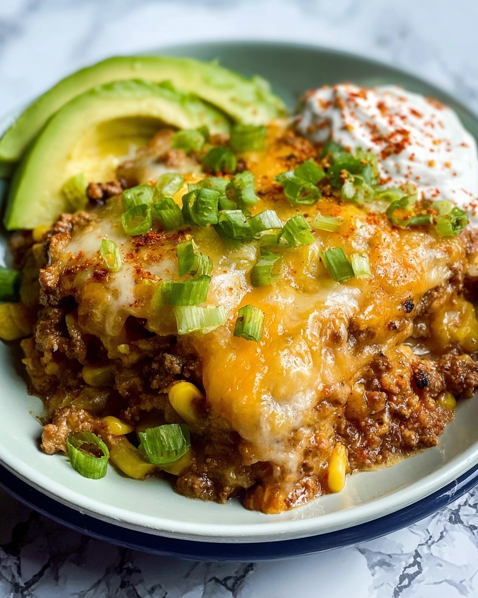 The dish is served on a white plate, showing a layered casserole with a melted cheese topping that is golden yellow and slightly bubbly. Underneath the cheese, there are visible bits of ground meat, yellow corn kernels, and a mix of melted white and yellow cheese creating a gooey texture. The casserole is garnished on top with chopped green onions, adding a fresh bright green color. On the side, three slices of green avocado sprinkled with chili flakes add a smooth texture, accompanied by a dollop of white creamy sauce with a sprinkle of red spice visible on it. The background is a white marbled texture. photo taken with an iphone --ar 4:5 --v 7