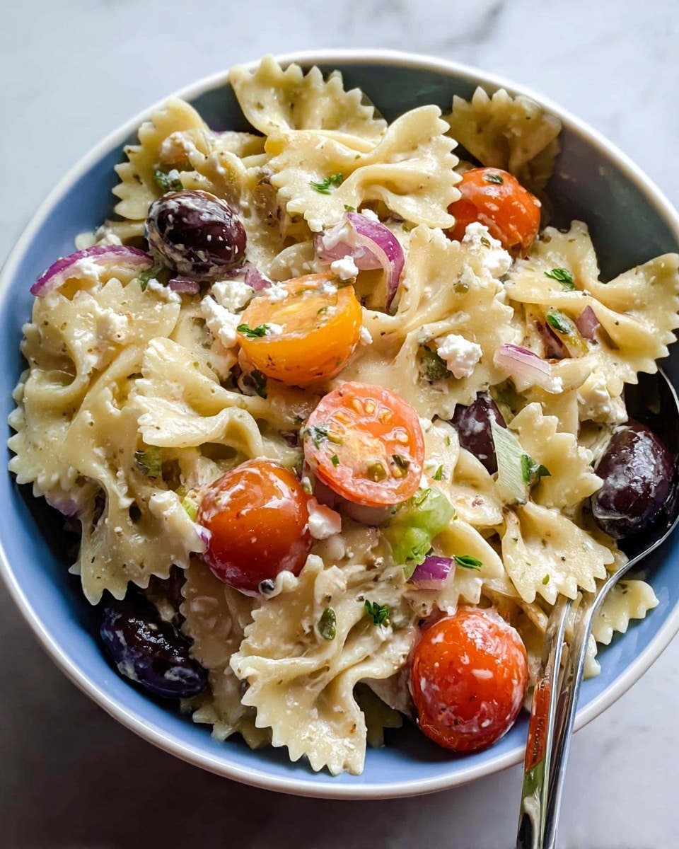 The dish is a close-up of a pasta salad featuring a single layer of bowtie pasta, creamy white in color with a soft texture. Mixed throughout are various colorful ingredients: bright red and orange cherry tomato halves, light green snap peas, and thin semi-transparent slices of purple onion that add a delicate contrast. Scattered small white crumbles of cheese are spread evenly across the pasta, along with finely chopped green herbs for a touch of freshness. There are also a few shiny black olives with a smooth texture embedded in the salad. The whole mix looks lightly coated in a creamy dressing with visible specks of black pepper. The background is a white marbled texture. Photo taken with an iphone --ar 4:5 --v 7