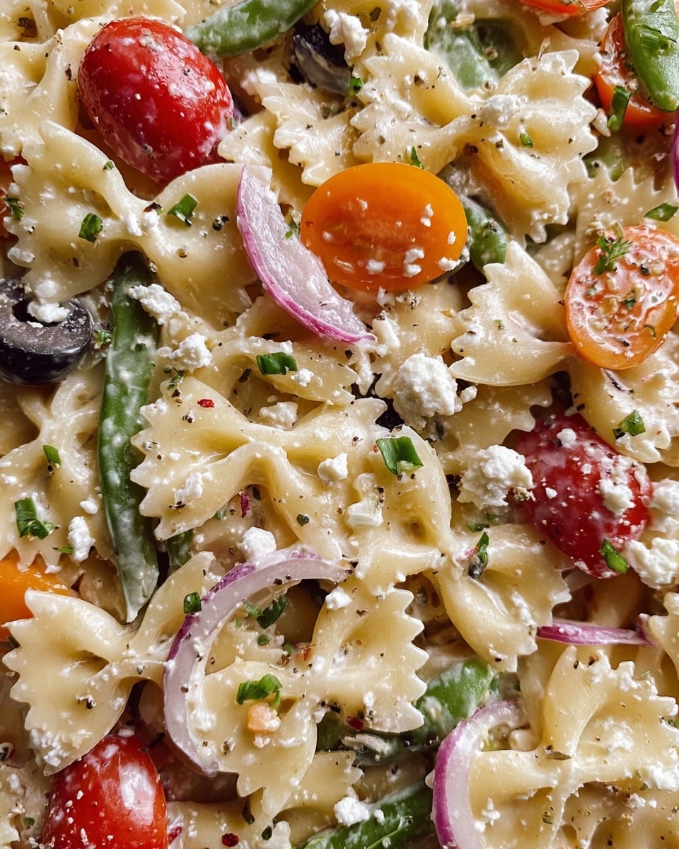 A close-up view of a single-layer pasta salad served in a white bowl, showing bowtie-shaped pasta with a creamy white dressing. Mixed in are halved red and orange cherry tomatoes adding bright red and orange color, dark purple olives, thin slices of red onion, and small green vegetable strips. Small white crumbles, likely feta cheese, are scattered across the dish with tiny green herb flecks, giving a fresh look. A shiny silver fork is partially visible on the right side of the bowl. The bowl sits on a white marbled surface. Photo taken with an iphone --ar 4:5 --v 7