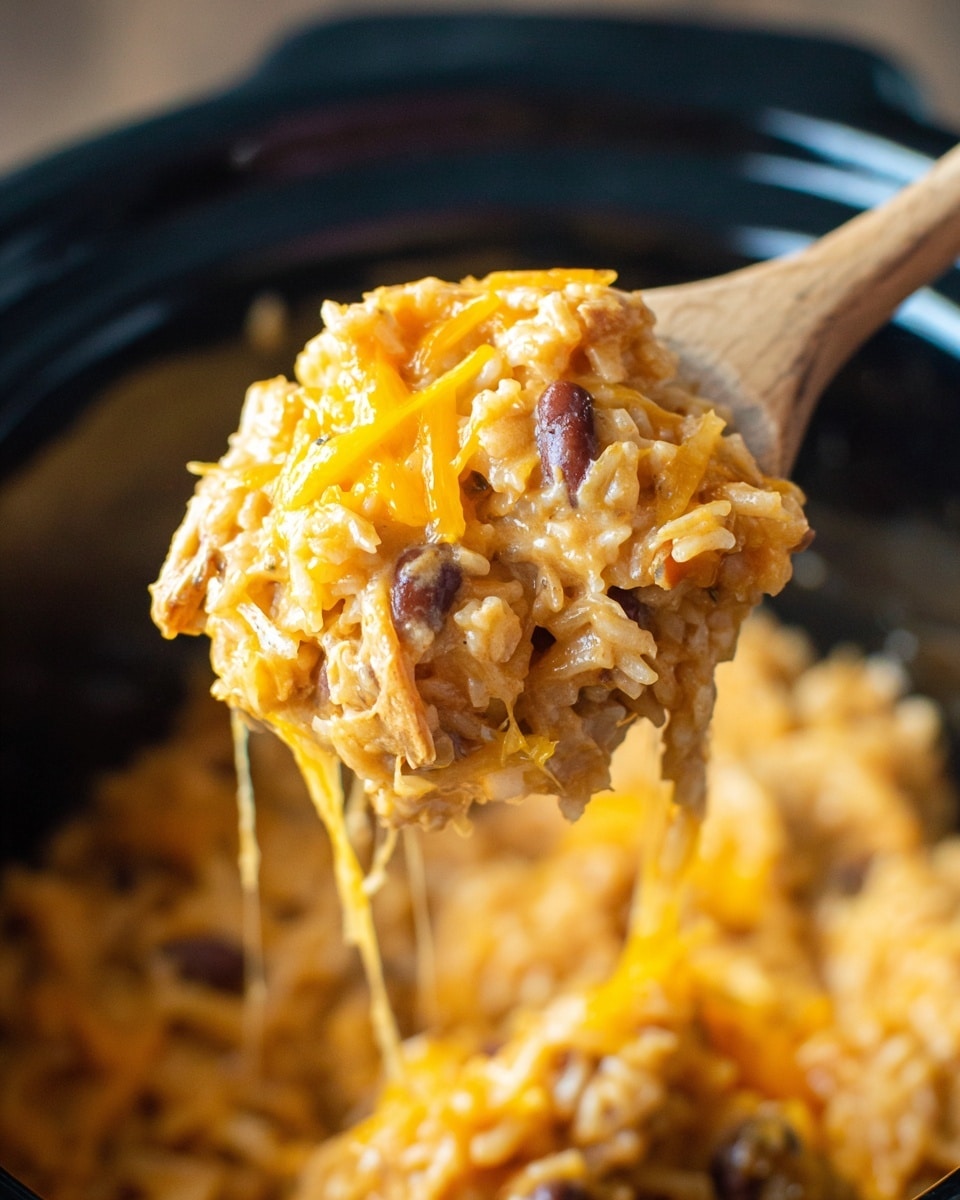 A close-up image of a wooden spoon lifting a scoop of creamy, orange-hued rice mixed with melted cheddar cheese, showing a gooey texture with cheese strands stretching out. The rice is cooked and mixed with small pieces of shredded chicken and black beans, coated evenly with a sauce that gives it a silky and moist look. The background shows the black inside of a slow cooker filled with more of the same cheesy, saucy rice mixture. The colors are warm with a focus on the rich orange cheese and the soft texture of the rice and meat blend. Photo taken with an iphone --ar 4:5 --v 7