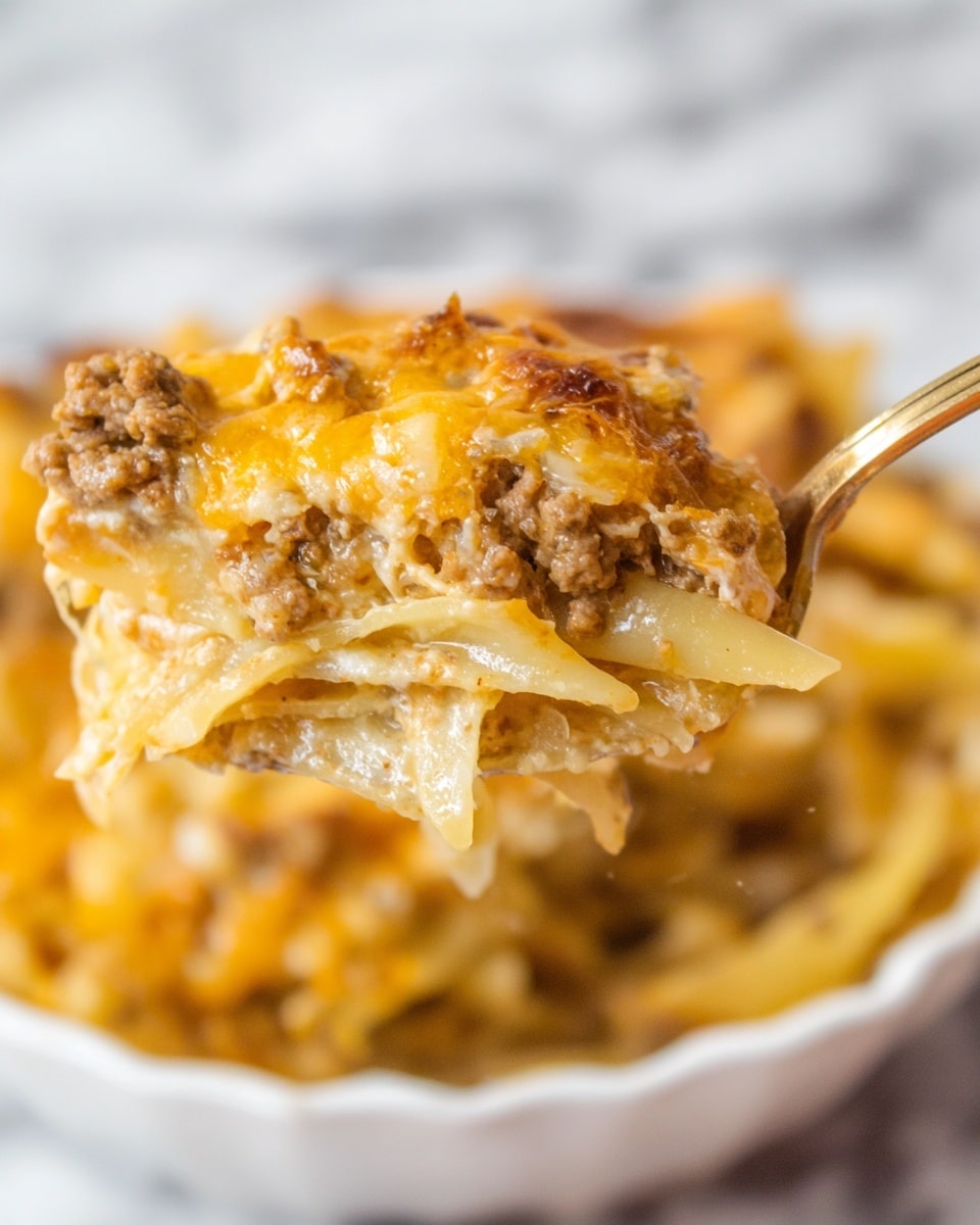 A close-up of a spoon lifting a portion of a layered dish from a white bowl set on a white marbled surface. The dish has at least three layers: the bottom layer is thick pale yellow pasta, the middle layer is light golden cooked onions, and the top layer is ground beef mixed with melted orange-yellow cheese, giving it a rich and creamy texture. The background is softly blurred, focusing on the detailed textures and colors of the layered food. photo taken with an iphone --ar 4:5 --v 7
