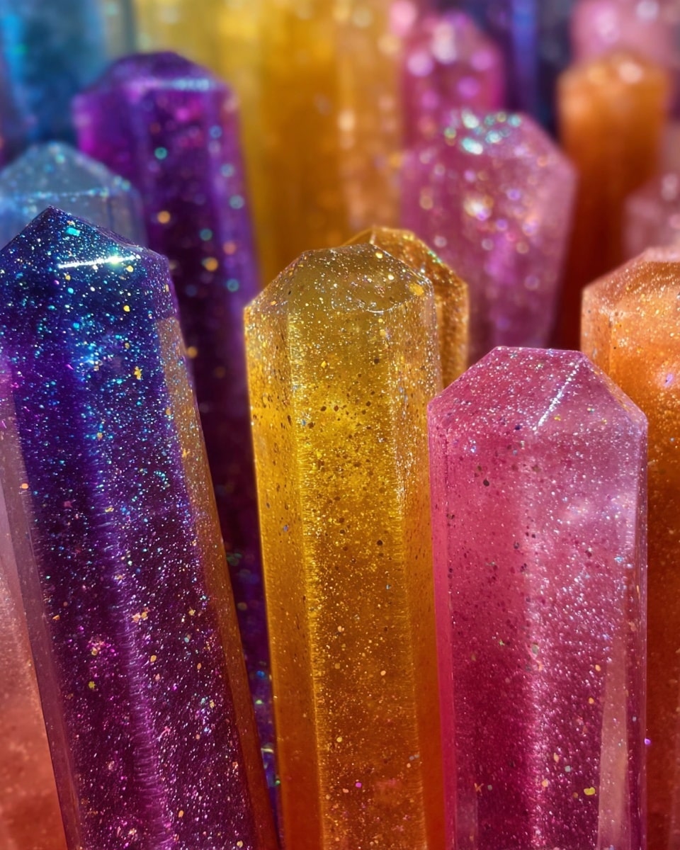 The image shows several tall, hexagonal-shaped sticks standing close together, each with a glittery, translucent texture. The sticks come in different bright colors including purple, yellow, pink, and orange, with small sparkling particles inside them that reflect the light, giving a shiny and magical look. They are all packed tightly, rising vertically with sharp edges visible at the top, and the background softly blurred, enhancing the colorful shine and glitter inside the sticks. photo taken with an iphone --ar 4:5 --v 7