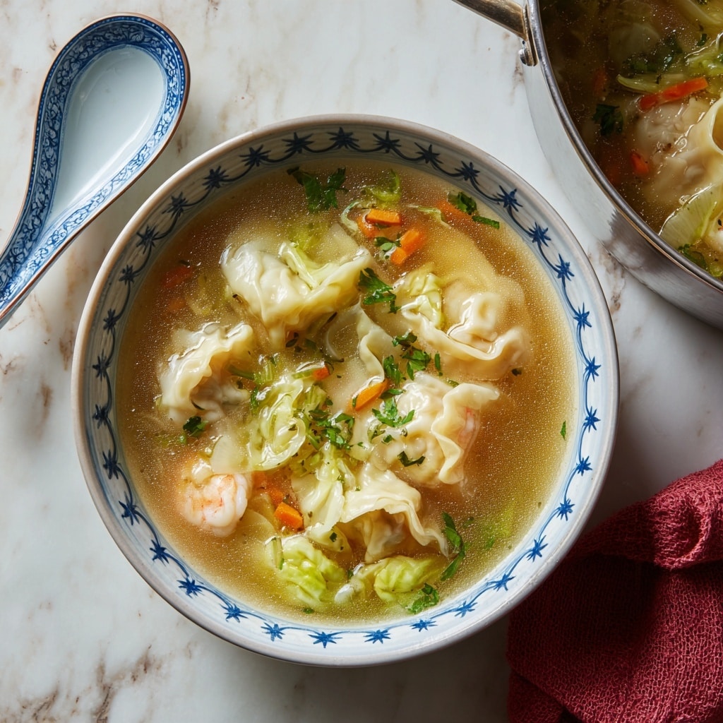 A bowl of light brown clear broth with green herbs floating on top, containing several pale dumplings with soft folds, along with light orange shrimp and white green leafy vegetables. The bowl is white with a blue star pattern around the rim, sitting on a white marbled texture surface. To the upper right, part of a large silver pot with more dumplings and vegetables in broth is visible, with a red cloth underneath it. A white and blue ceramic soup spoon is next to the bowl. photo taken with an iphone --ar 4:5 --v 7