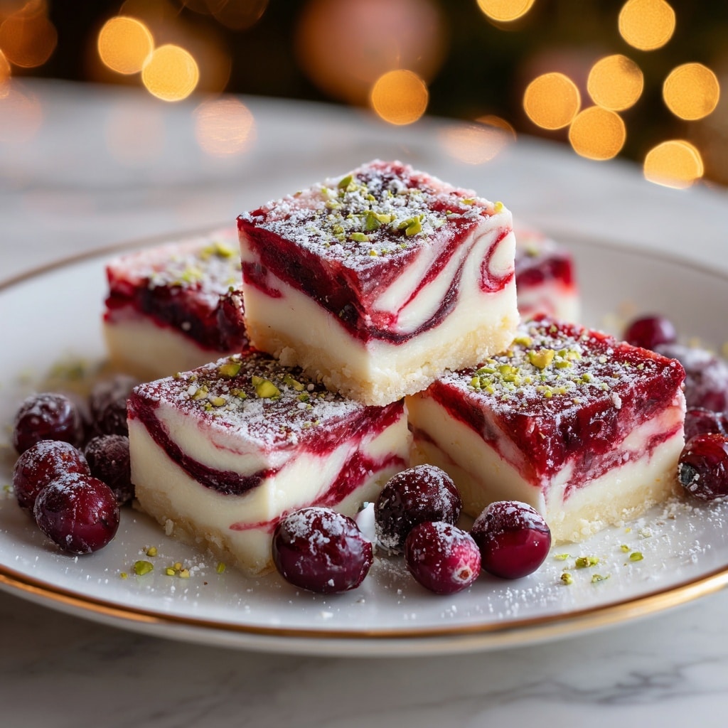 The image shows a white plate with a gold rim holding five square pieces of layered dessert. Each piece has three main layers: the bottom layer is white and smooth, the middle layer is a mixed swirl of white and red, and the top layer is a solid deep red color. The top is dusted with white powdered sugar and sprinkled with small green bits, likely crushed pistachios. Surrounding the dessert pieces on the plate are fresh, dark red cranberries. The plate sits on a white marbled surface with soft, warm lights blurred in the background. photo taken with an iphone --ar 4:5 --v 7