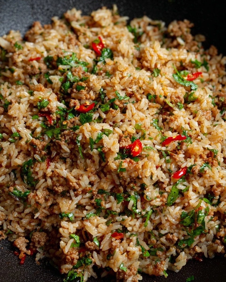 A large black wok filled with cooked rice that looks slightly brown and mixed with small red bits, topped with a bunch of fresh green cilantro leaves in the center. A wooden spoon is inside the wok on the left side, resting on the rice. The wok sits on a stove burner with a white marbled surface in the background. Photo taken with an iphone --ar 4:5 --v 7