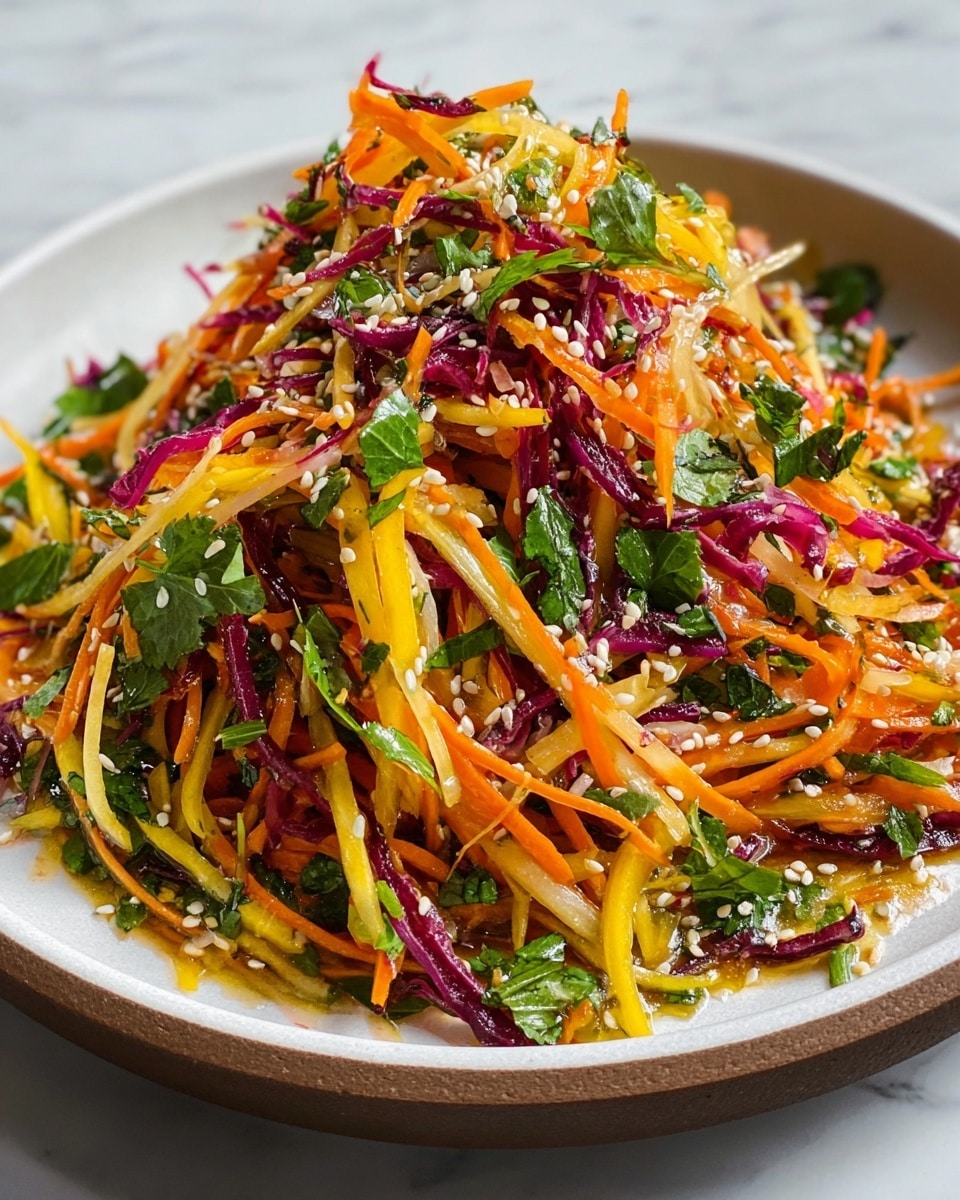 A plate filled with a colorful salad made of thin strips of different vegetables in orange, yellow, purple, and white colors, mixed with bright green leafy herbs scattered throughout. The salad is topped with small white sesame seeds and a shiny light dressing that makes it look fresh and juicy. The vegetables are finely cut and layered closely together, creating a vibrant and textured look on a white plate against a white marbled surface. photo taken with an iphone --ar 4:5 --v 7