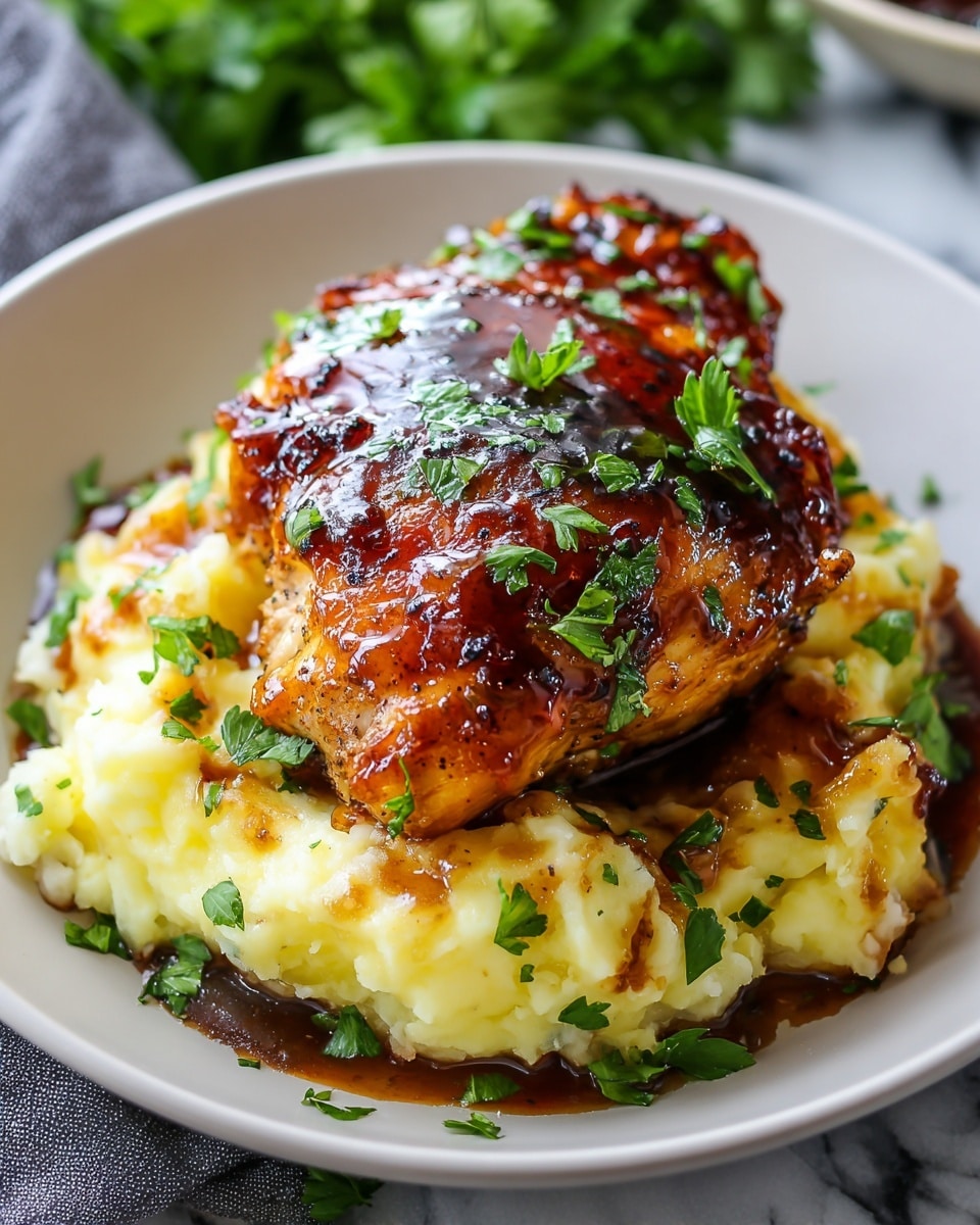 A serving of dark golden brown glazed grilled chicken thigh with a shiny, sticky texture is placed on top of a thick layer of creamy, slightly chunky mashed potatoes in a white bowl. The chicken is sprinkled with fresh green parsley leaves, which are also scattered on the mashed potatoes, adding a bright color contrast. The mashed potatoes show hints of melted butter and herbs, with a drizzle of dark gravy pooling around them. The bowl rests on a white marbled surface with a soft focus on a striped gray cloth nearby and some blurred green parsley in the background. photo taken with an iphone --ar 4:5 --v 7