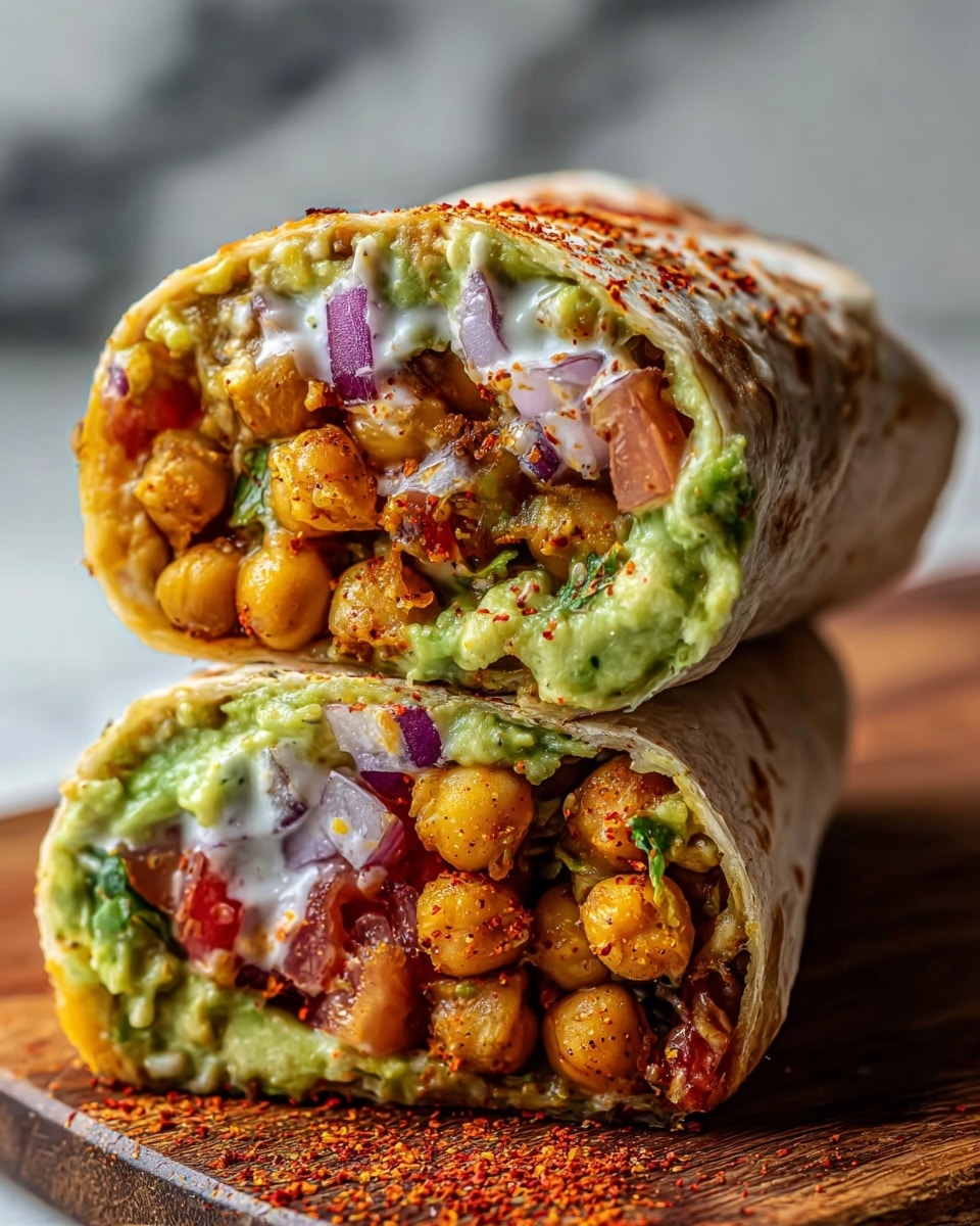 A close-up of a wrap cut in half stacked on top of each other, showing three visible layers inside: the outer layer is a lightly toasted whole wheat wrap, the middle layer consists of bright orange chickpeas with a crispy texture, and the top layer includes diced red tomatoes, chopped purple onions, and a green guacamole spread with a creamy texture. The wrap is held by a woman's hand against a softly blurred background with a white marbled texture. photo taken with an iphone --ar 4:5 --v 7