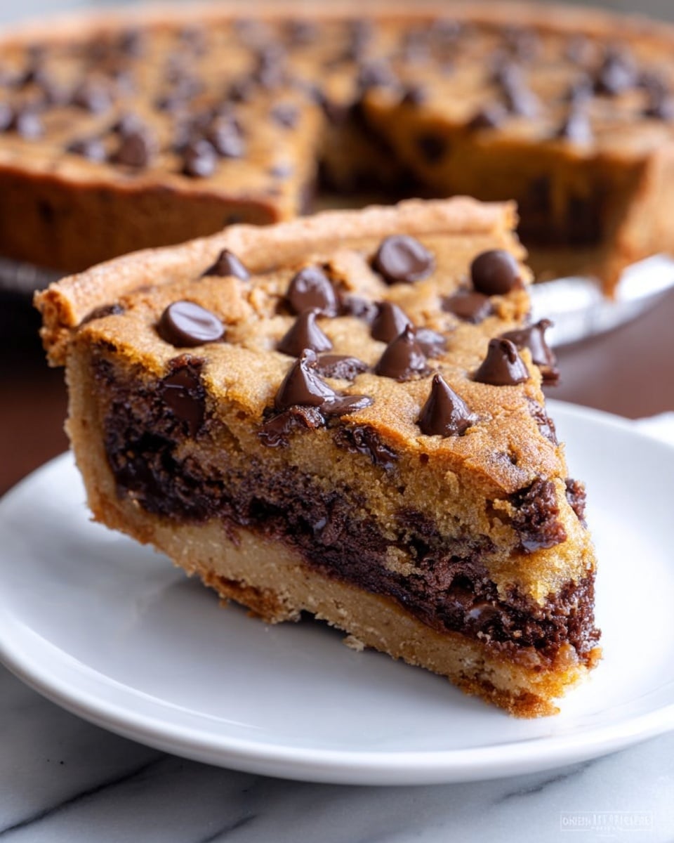 A close-up of a triangular slice of thick chocolate chip cookie bar with a golden brown, crumbly top layer dotted with dark melted chocolate chunks, sitting on a white plate. On top of the cookie bar, there is a rounded scoop of smooth, white vanilla ice cream, over which a rich, glossy dark chocolate sauce is being poured, dripping slowly down the ice cream and the sides of the cookie bar. The plate is placed on a white marbled surface, with a blurred background showing indistinct objects. Photo taken with an iphone --ar 4:5 --v 7
