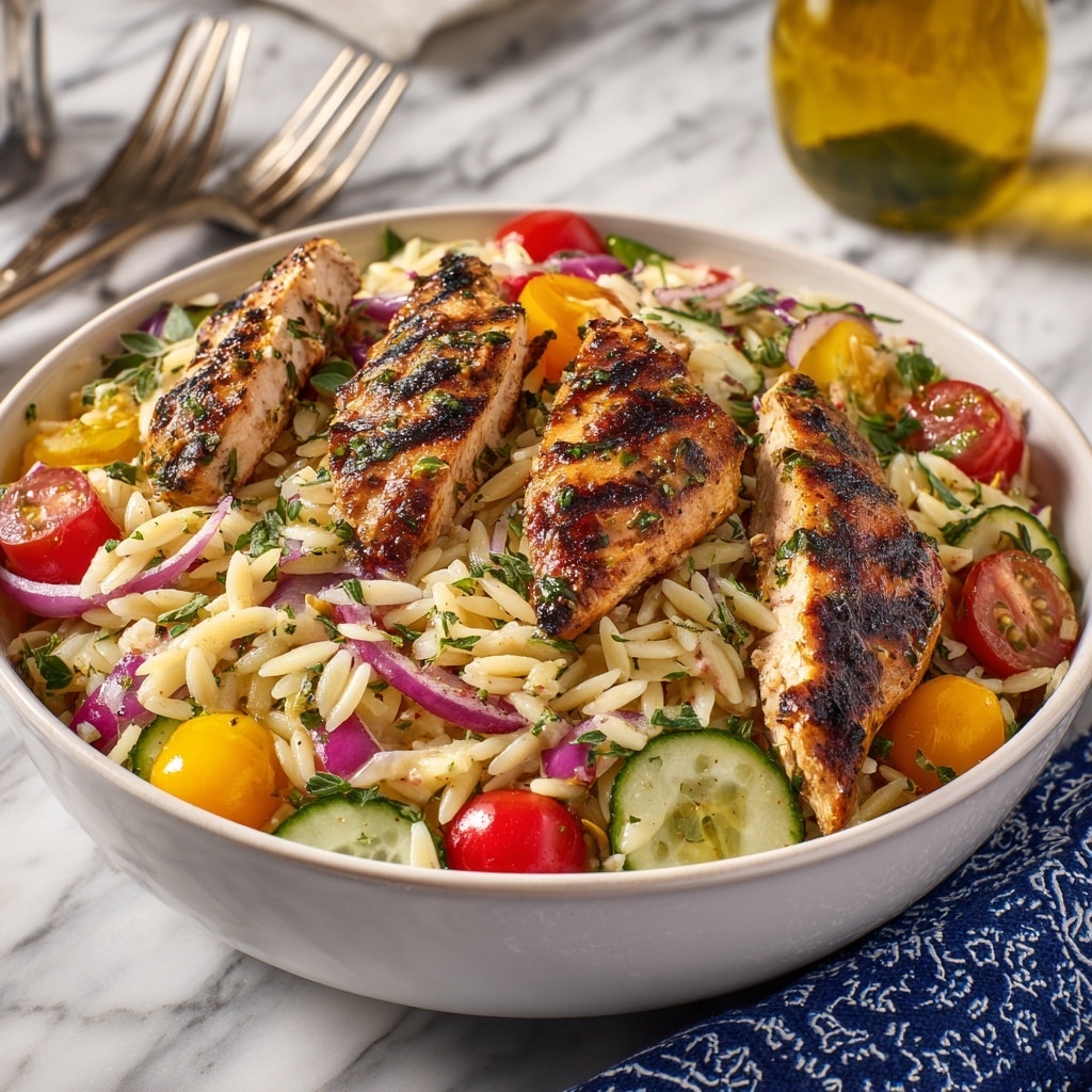 A bowl filled with a colorful orzo salad topped with four pieces of grilled chicken. The base layer consists of small, light beige orzo pasta mixed with chopped cucumbers, halved cherry tomatoes in red and yellow, and diced red onions, all coated with herbs and small green leaves scattered throughout. On top, the grilled chicken pieces are golden brown with dark grill marks and a slightly charred texture. The bowl is white, placed on a white marbled surface with a blue patterned cloth beside it and a fork and bottle partially visible in the background. Photo taken with an iphone --ar 4:5 --v 7