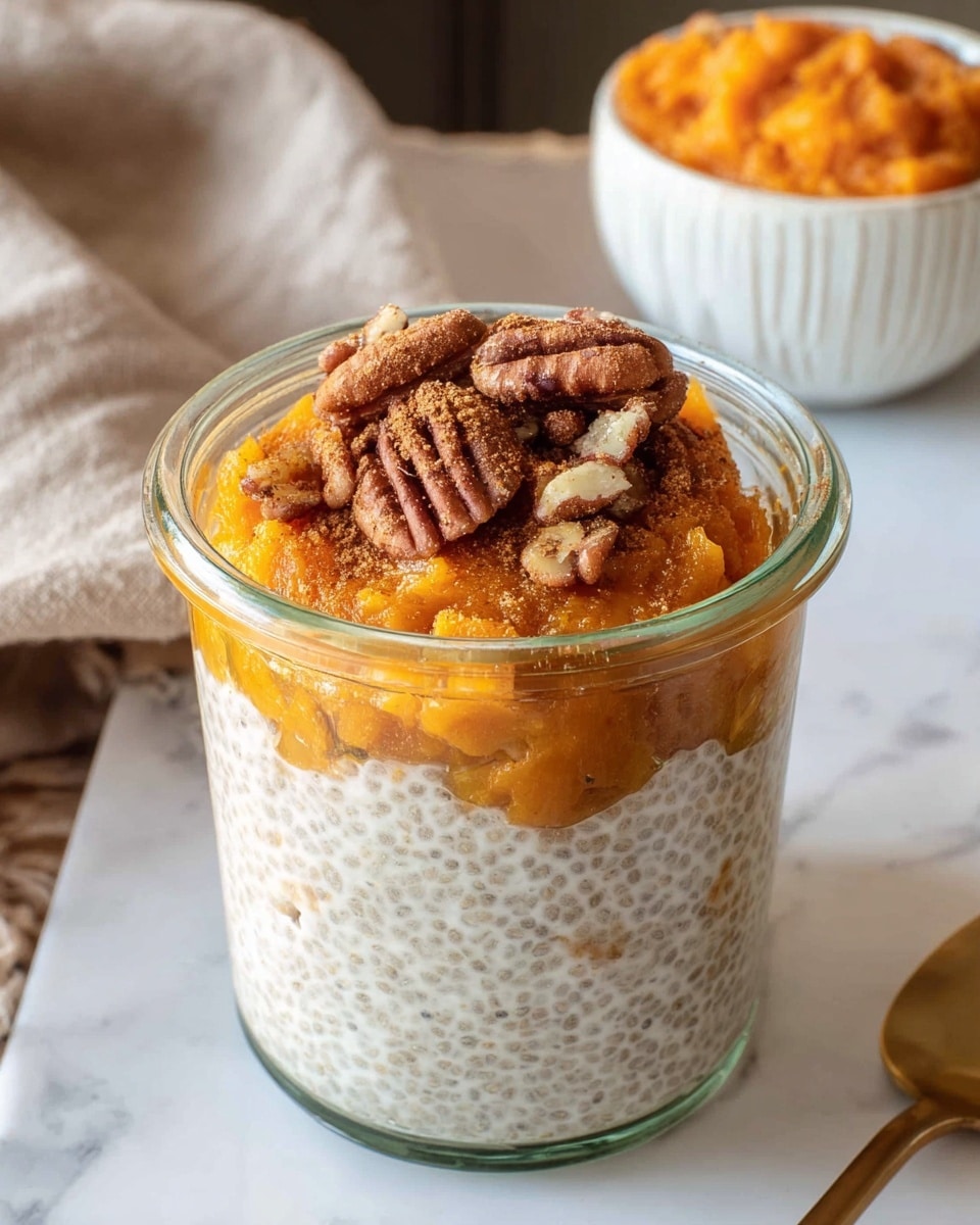 A clear glass jar holds three distinct layers: the bottom layer is smooth and white yogurt, the middle layer is a light brown chia pudding with visible black chia seeds, and the top layer is a bright orange pumpkin puree with a coarse texture. The pumpkin puree is sprinkled with a small amount of cinnamon and topped with a handful of pecans clustered in the center. The jar sits on a white marbled surface, with a blurred background showing a smaller glass bowl filled with more pumpkin puree and a beige cloth. photo taken with an iphone --ar 4:5 --v 7