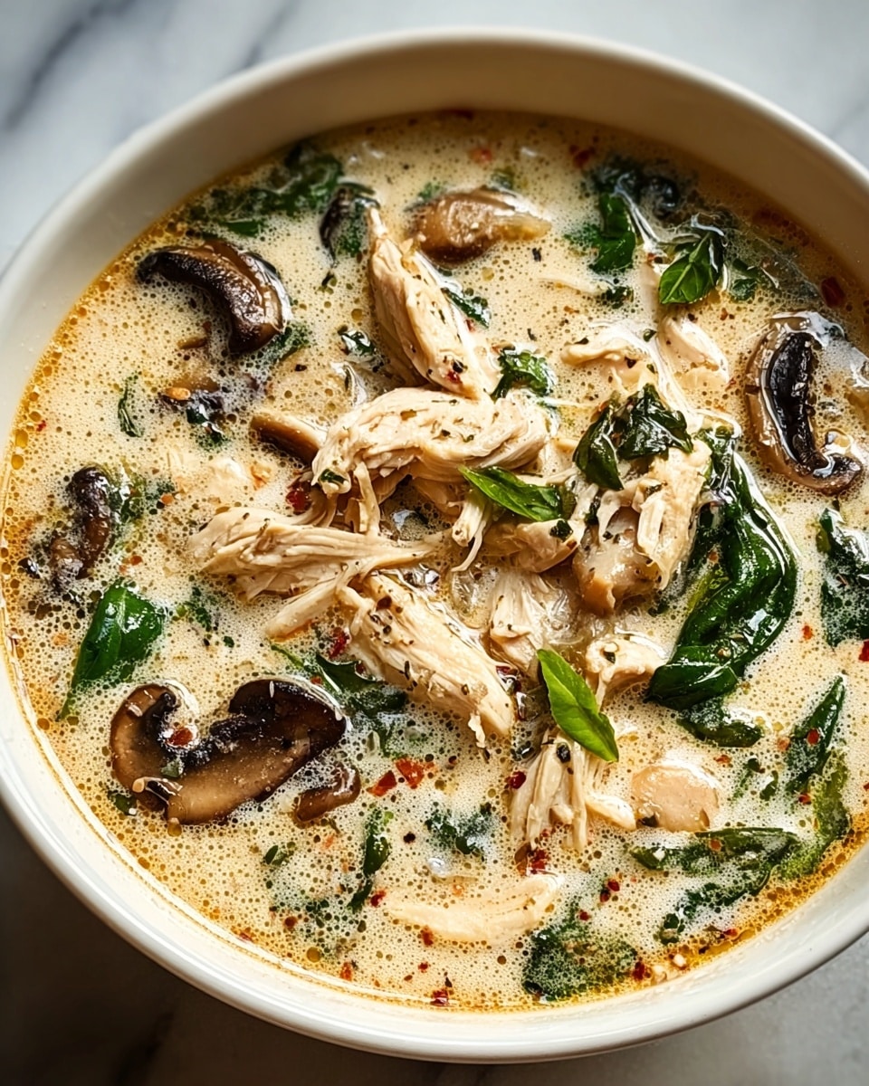 A close-up view of a creamy soup served in a white bowl, filled with layers of shredded chicken, dark brown sliced mushrooms, and green leafy herbs floating in a light beige broth with visible specks of spices and herbs. The textures show tender chicken pieces mixed evenly with soft mushroom slices and wilted green leaves, all immersed in a smooth, slightly frothy liquid. The background displays a white marbled texture, adding a clean and simple setting to the dish. Photo taken with an iphone --ar 4:5 --v 7