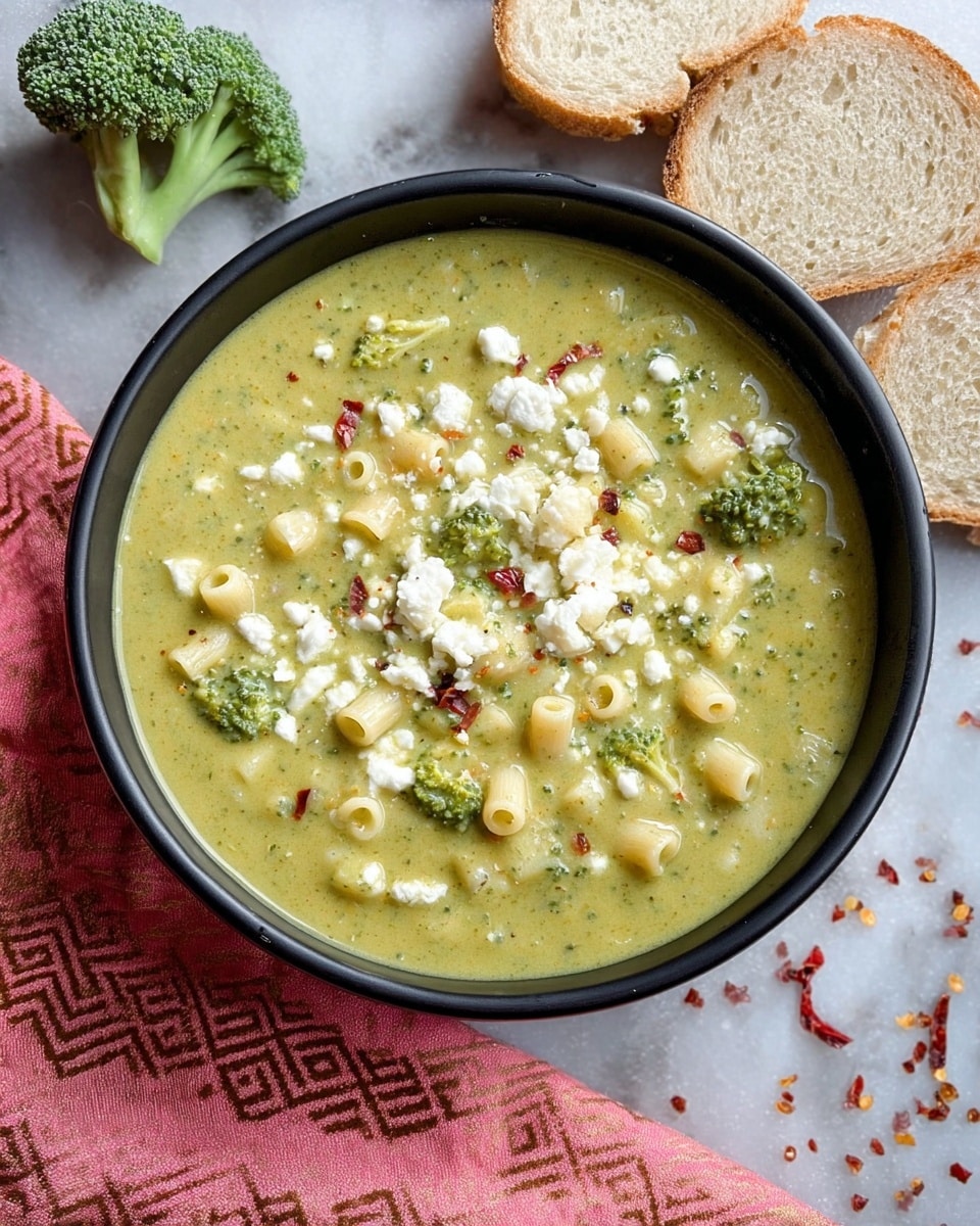 The dish is a creamy soup served in a round dark stone bowl, filled almost to the top with a thick, light green broth containing small green broccoli florets and tube-shaped pasta pieces. The surface is dotted with crumbled white cheese and sprinkled with tiny red chili flakes, giving it a textured and colorful look. The bowl sits on a pink cloth with brown patterns, placed on a white marbled texture, with two slices of rustic bread leaning against the bowl's edge on one side and some fresh broccoli florets in soft focus in the background. Photo taken with an iphone --ar 4:5 --v 7