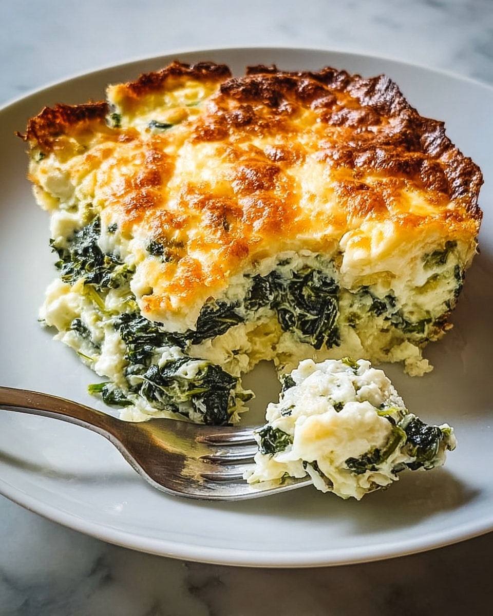 A thick, round spinach and cheese casserole sits on a white plate, with a golden brown, bubbly top layer that looks crispy on the edges. The middle layer shows creamy white cheese mixed with dark green spinach leaves, soft and moist in texture. A silver fork is on the right side, scooping up a bite, revealing the smooth, cheesy layer underneath the browned crust. The plate is set on a white marbled surface. photo taken with an iphone --ar 4:5 --v 7