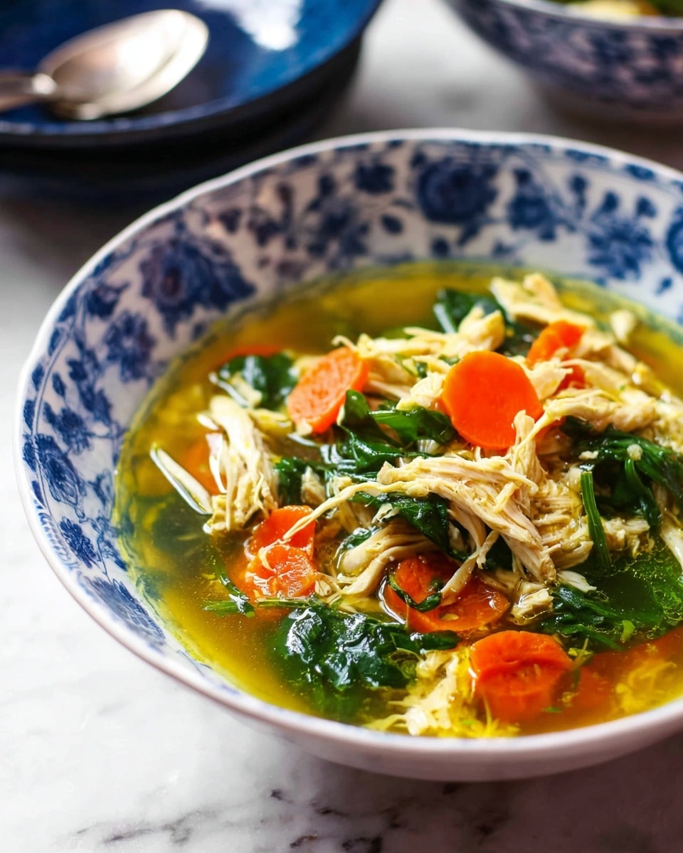 A white bowl with a blue floral pattern holds a clear broth soup with several layers: at the base is the yellowish clear broth, above that are bright orange carrot slices and light yellow shredded chicken pieces mixed with green leafy spinach and herbs. The layers of chicken and spinach are scattered evenly over the carrots, with some broth visible around the edges. The bowl sits on a white marbled surface with parts of a dark blue bowl and silver spoon blurred in the background. Photo taken with an iphone --ar 4:5 --v 7