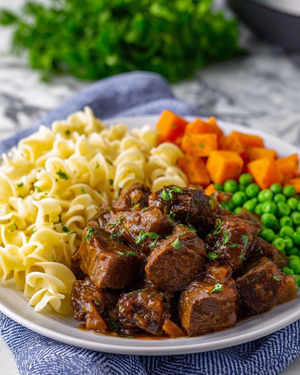 A white plate holds a meal with three main layers: on the right side, there is a mix of green peas and small orange carrot cubes adding bright colors; next to it, in the center, there are chunky, juicy beef stew pieces coated in a rich brown sauce with small bits of onion and sprinkled lightly with chopped green herbs on top; on the left side, there are soft, pale yellow egg noodles with a slightly curled texture. The plate sits on a blue and white cloth, and a green leafy garnish is blurred in the background, all set on a white marbled surface. Photo taken with an iphone --ar 4:5 --v 7