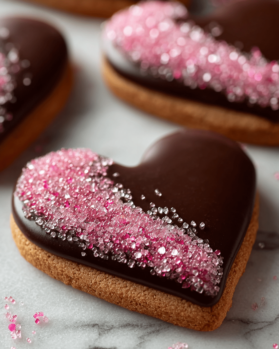 A close-up view of heart-shaped cookies with two visible layers, the bottom layer is a light brown, slightly rough textured cookie base, and the top layer is a smooth, dark chocolate glaze covering most of the cookie except the edges. The upper part of the chocolate layer is decorated with coarse, sparkling pink and clear sugar crystals densely packed along the top curve of the heart, gradually thinning downward. The cookies rest on a white marbled surface, with the focus mainly on the front cookie and the other cookies softly blurred in the background. photo taken with an iphone --ar 4:5 --v 7