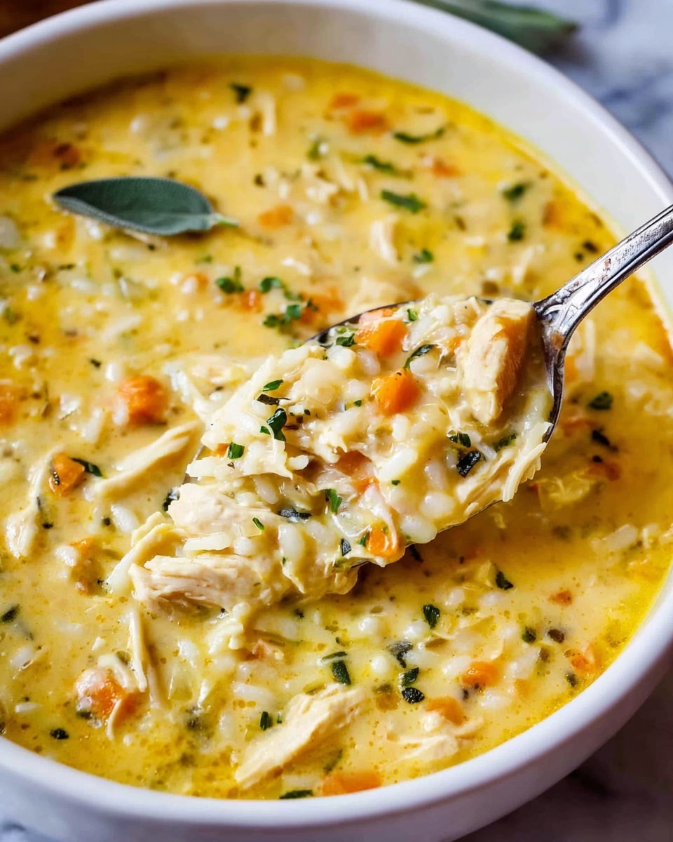 A close-up of a creamy dish in a white bowl, showing a rich mix of layers including soft chunks of light brown chicken, small pieces of orange carrot, and herbs scattered throughout, such as green parsley and sage leaves resting on top. The thick yellow sauce wraps around tender grains of rice, creating a textured and hearty look. A silver spoon is partly dipped in the bowl, lifting some of the stew to show the creamy consistency and mixed ingredients. The bowl sits on a white marbled surface. photo taken with an iphone --ar 4:5 --v 7