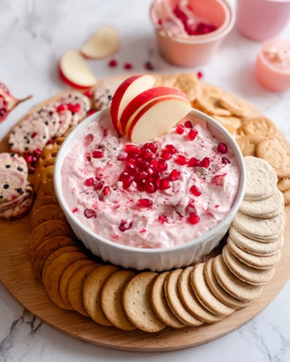 The image shows a white bowl filled with a creamy mix of white and pink colors, topped with small red bits, placed on a white marbled surface. Around the bowl, there are several golden sandwich cookies scattered, and a woman's hand is holding a yellowish cone filled with the creamy pink and white mixture, also topped with red bits. The background has a soft focus with light pink and beige tones. Photo taken with an iphone --ar 4:5 --v 7