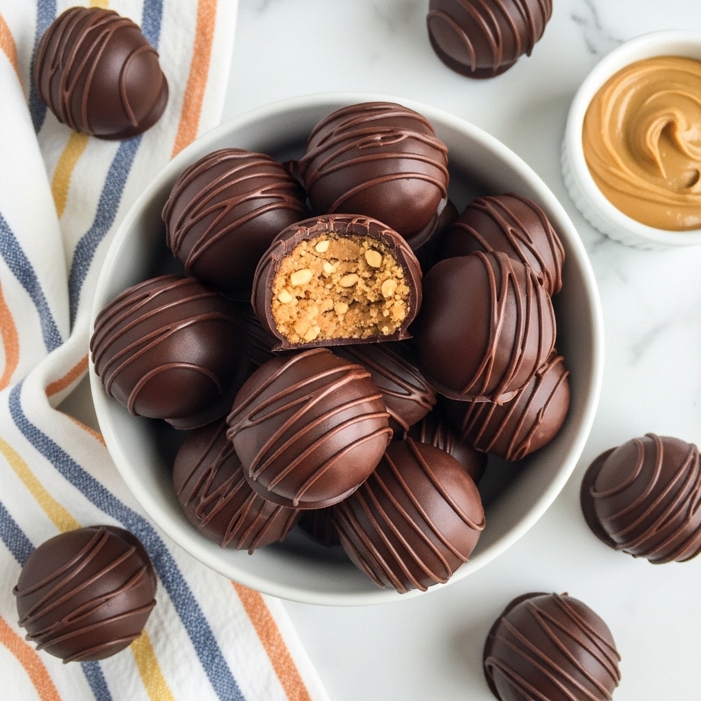 The image shows a white bowl filled with round chocolate-covered peanut butter balls, some of which have a smooth chocolate coating while others have thin chocolate drizzle on top for texture. One of the balls near the top edge has a bite taken out, revealing a golden peanut butter and oat filling inside. Around the bowl, a few more chocolate-coated balls lie on a white marbled surface, along with some scattered oats and coffee beans for decoration. A white plate with more chocolate balls is partly visible in the background, and a colorful striped cloth with blue, orange, and yellow lines adds a soft touch to the scene. photo taken with an iphone --ar 4:5 --v 7