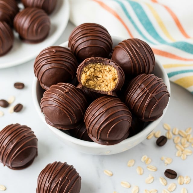 The image shows a bowl full of round truffles covered in smooth dark chocolate, some with a drizzle of additional chocolate on top creating thin wavy lines. One truffle near the top has a bite taken out, revealing a dense, crumbly, textured filling in light golden-brown color inside. Around the bowl are more truffles scattered on a white marbled surface, with a striped cloth partially visible in soft blue, white, orange, and yellow tones. There is also a small dish of light brown creamy peanut butter nearby. photo taken with an iphone --ar 4:5 --v 7