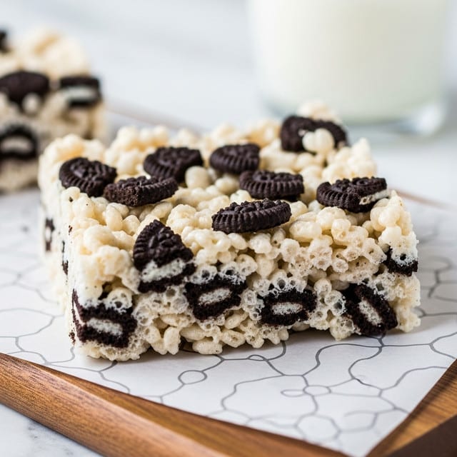A close-up of a single bar made of white, sticky marshmallow rice cereal with scattered pieces of dark chocolate cookie chunks mixed evenly throughout. The bar has a rough, bumpy texture with a mix of creamy white and dark brown colors, showing some cookie pieces partially buried inside and others on the surface. It rests on a white patterned paper placed on a wooden board, with a clear glass of milk blurred in the background, all set on a white marbled surface. Photo taken with an iphone --ar 4:5 --v 7