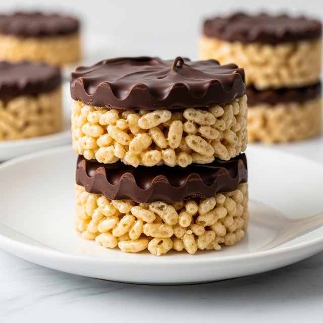The image shows two stacked treats, each with two layers: a bottom layer made of glossy, light golden puffed rice cereal tightly packed and sticky, and a top layer of smooth, dark chocolate with a slightly wavy texture around the edge. The puffed rice layer looks textured and shiny, while the chocolate on top is glossy and smooth with soft peaks. They are placed on a clean white plate set on a white marbled surface, with blurred similar treats visible in the background. photo taken with an iphone --ar 4:5 --v 7