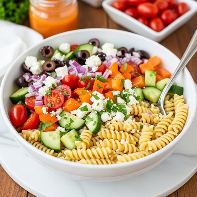 A white bowl filled with a colorful pasta salad shows three main layers: at the bottom, light yellow rotini pasta spirals; mixed throughout are bright red grape tomato halves, pale green cucumber chunks, and orange bell pepper pieces. Small bits of white feta cheese and black olives add texture among finely chopped red onions and green parsley leaves scattered on top. A silver fork rests inside the bowl, slightly mixing the ingredients. The bowl is set on a wooden table with a white marbled surface underneath, and a small jar of orange dressing along with a white square dish of grape tomatoes are blurred in the background. photo taken with an iphone --ar 4:5 --v 7