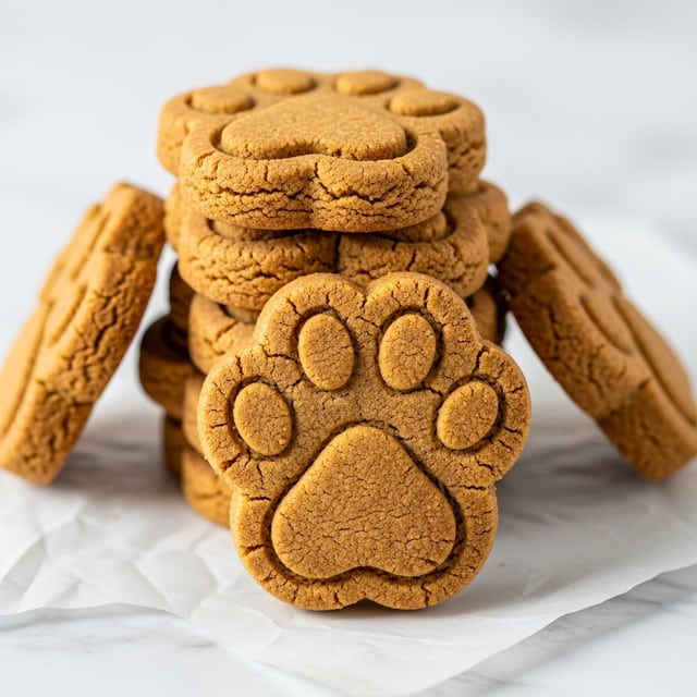 A stack of thick, soft cookies shaped like animal paws sits on a piece of parchment paper over a white marbled surface. Each cookie is a warm, golden brown color with clear embossed details showing one large heart-shaped pad in the center and four small round pads above it, creating the paw print design. The texture of the cookies looks slightly crumbly but dense, with visible cracks and a homemade feel. The cookies are piled with one lying flat in front, showcasing the paw details prominently. Photo taken with an iphone --ar 4:5 --v 7