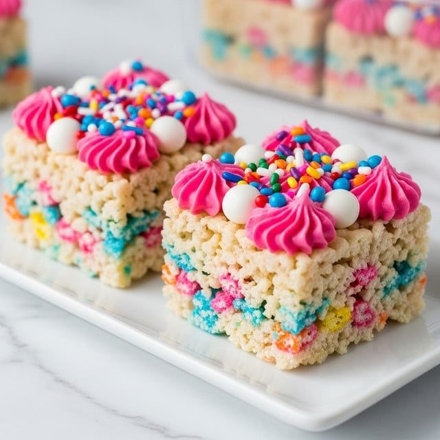 Two square rice cereal treats sit on a white rectangular plate on a white marbled surface. Each treat has three visible layers: the bottom and middle layers are light tan with colorful specks of pink, blue, and orange, showing the rice cereal mixed with small candy bits. The top layer is decorated with bright pink icing swirls, white candy pieces, and a heavy sprinkle of multicolored round sprinkles. In the background, more treats are visible inside a clear container. photo taken with an iphone --ar 4:5 --v 7