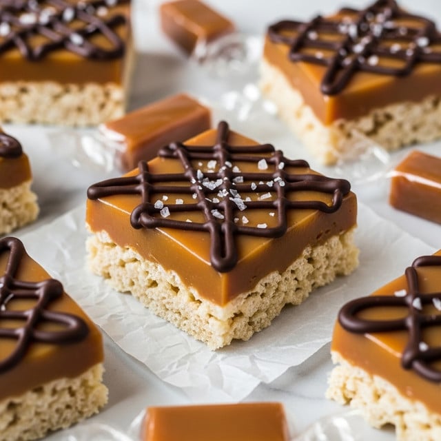The image shows several square treats placed on a white marbled surface with a crinkled white parchment paper underneath. Each treat has three layers: a bottom layer of light tan crispy rice cereal, a smooth middle layer of caramel covering the rice base fully, and a dark brown chocolate drizzle crisscrossed on top with a sprinkle of white sea salt crystals. Scattered caramel squares wrapped in clear plastic are also visible around the treats. The focus is on the center treat, showing the texture of each layer clearly. Photo taken with an iphone --ar 4:5 --v 7