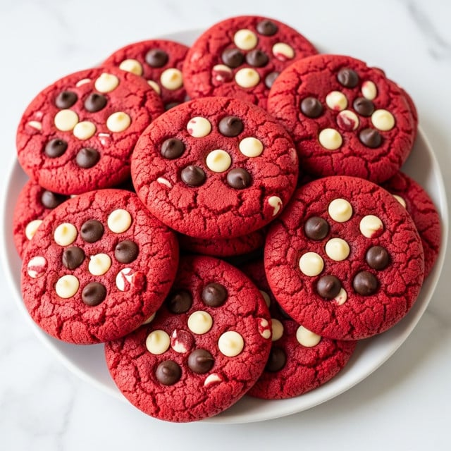 A white plate filled with a pile of bright red cookies that are thick and slightly cracked on top, each cookie is decorated with scattered white and dark chocolate chips, creating a clear contrast against the red dough; the cookies are stacked in a loose, uneven layer, showing their soft texture and chewy appearance, all set on a white marbled surface. photo taken with an iphone --ar 4:5 --v 7