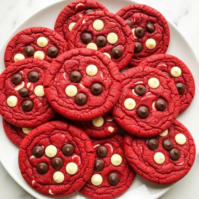 A white plate filled with about twenty round red velvet cookies that show a slightly cracked top texture, each embedded with scattered white and dark chocolate chips, creating a contrasting pattern. The cookies are stacked in a casual pile, with deep red color dominating each one and the white chocolate chips standing out clearly on top. The plate is set against a white marbled texture surface. photo taken with an iphone --ar 4:5 --v 7