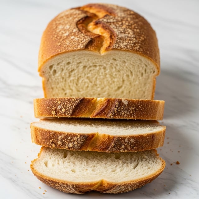 A loaf of white bread is placed on a white marbled surface, with four slices cut and laid flat in front of the uncut portion. The bread's outer crust is golden brown and textured, while the inside is soft and pale. The slices are angled slightly to show the thickness and softness of each piece, with crumb details visible along the edges. Photo taken with an iphone --ar 4:5 --v 7