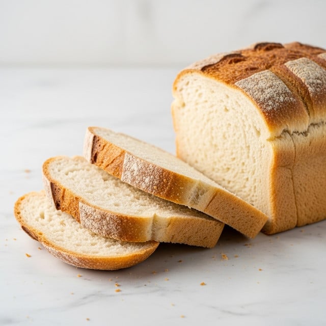 The image shows a loaf of white bread partially sliced on a white marbled surface. There are three slices lying flat in front of the main loaf, each with a light golden brown crust and soft, white inside. The texture of the bread looks soft and fluffy while the crust is slightly rough and crunchy. The slices are stacked slightly overlapping from left to right with the larger unsliced part of the loaf positioned to the right. Photo taken with an iphone --ar 4:5 --v 7