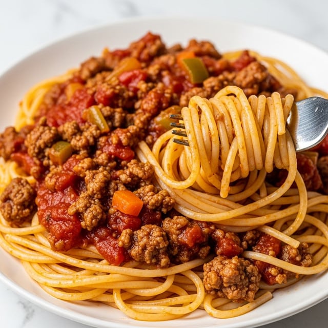 The image shows a close-up of a plate filled with spaghetti mixed with a rich meat sauce. The dish has one main layer where thin, pale yellow spaghetti strands are covered evenly with a chunky tomato sauce that contains small pieces of cooked ground meat in brown and bits of vegetables in green and orange. A fork with some spaghetti wrapped around it is visible on the right side, adding a sense of action to the scene. The plate is white, and the background has a white marbled texture. Photo taken with an iphone --ar 4:5 --v 7