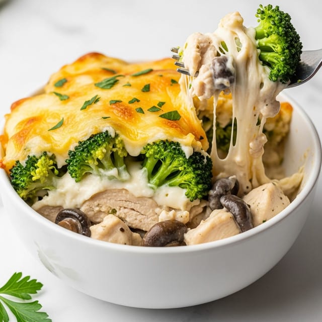 A white bowl holds a creamy casserole with three visible layers. The bottom layer has soft, beige chicken pieces mixed with small, dark brown mushrooms. The middle layer features bright green broccoli florets covered in a smooth, white cheese sauce. The top layer has a golden-brown melted cheese crust with some green herbs sprinkled on top. A fork lifts a portion showing melted cheese stretching, soft chicken, and broccoli together. The bowl sits on a white marbled surface with a small green parsley leaf nearby. photo taken with an iphone --ar 4:5 --v 7