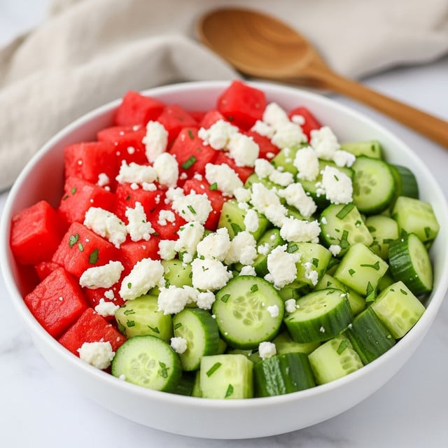 A white bowl filled with a fresh salad made of three main layers: bright red watermelon cubes, light green cucumber chunks with darker green skin, and small white crumbly pieces of cheese scattered evenly on top. Tiny green herb bits are mixed throughout the salad adding a hint of freshness. The bowl sits on a white marbled surface with a wooden spoon and beige cloth in the soft focused background. Photo taken with an iphone --ar 4:5 --v 7
