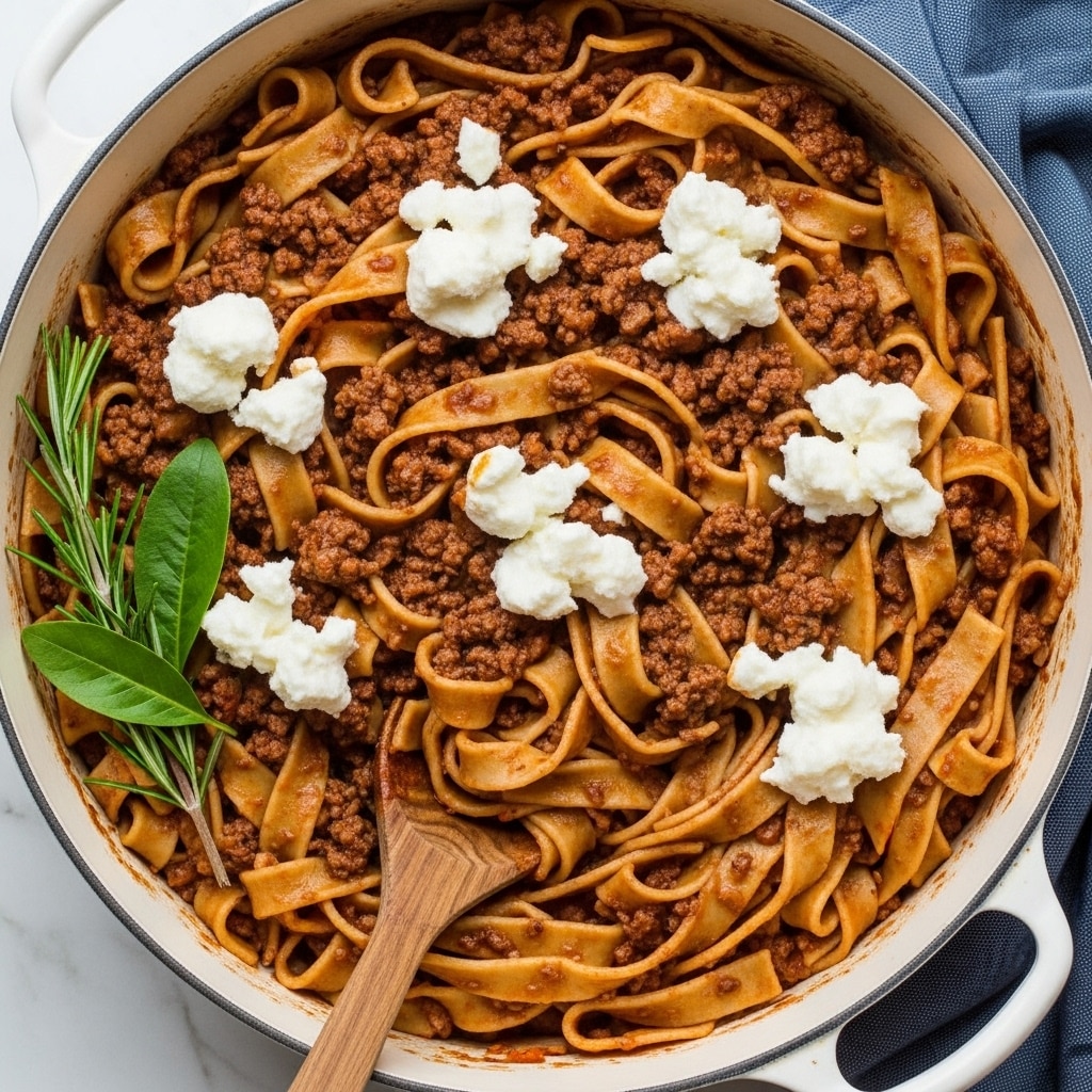 A close-up of a large round white pot filled with wide brown pasta ribbons mixed with a chunky dark brown meat sauce. The pasta and sauce have a glossy and slightly oily texture. Scattered on top are soft, crumbly white chunks of cheese, unevenly placed in small groups. A small green sprig of rosemary and a couple of fresh green leaves add a touch of color on the left side. A wooden spoon with a brown handle is buried in the pasta near the bottom center. The pot rests on a white marbled surface, and a dark blue cloth napkin is seen on the right side. photo taken with an iphone --ar 4:5 --v 7
