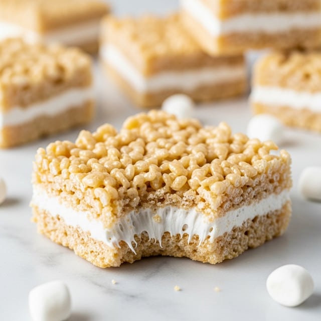The image shows a close-up of a square rice crispy treat with a shiny, light golden color, revealing its puffed rice layers bound by melted marshmallow. The treat has a slightly rough texture with visible puffed rice pieces sticking out. A small bite is taken from one corner, exposing gooey, stretchy marshmallow strands inside. In the background, there are more rice crispy squares, slightly out of focus, placed on a white marbled surface with a few mini marshmallows scattered around. photo taken with an iphone --ar 4:5 --v 7