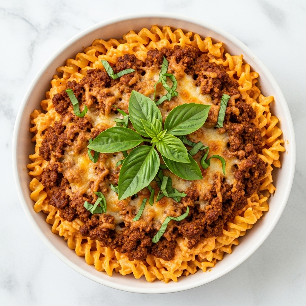 A white round bowl filled with baked pasta, showing about three layers: the bottom layer of creamy orange pasta, a middle layer with browned meat sauce in reddish-brown chunks mixed with melted cheese, and a top layer lightly browned and crispy melted cheese with small green herb bits sprinkled throughout. Fresh green basil leaves sit neatly in the center as garnish. The bowl is set on a surface of white marbled texture. photo taken with an iphone --ar 4:5 --v 7