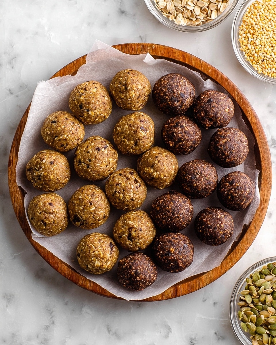 A round wooden tray lined with white parchment paper holds two types of energy balls arranged in neat rows. On the left side, there are light brown balls with a coarse, crumbly texture showing small bits of oats and nuts. On the right side, there are darker brown balls with a smooth yet slightly rough surface, suggesting a denser mixture. The balls are uniform in size and shape, closely placed next to each other, and sit on a white marbled surface background. photo taken with an iphone --ar 4:5 --v 7