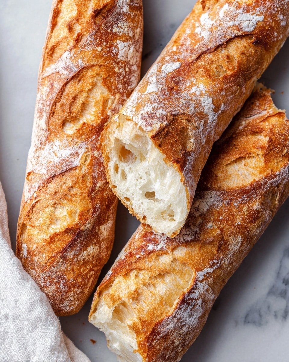 The image shows three golden brown baguettes with a crispy crust lightly dusted with white flour. One baguette is broken, revealing a soft, fluffy white interior with a spongy texture. The crust has a rough, uneven surface with visible cracks and darker toasted spots. The baguettes are arranged close together on a white marbled surface, with a white cloth partially visible in the corner. The overall look is rustic and fresh. photo taken with an iphone --ar 4:5 --v 7
